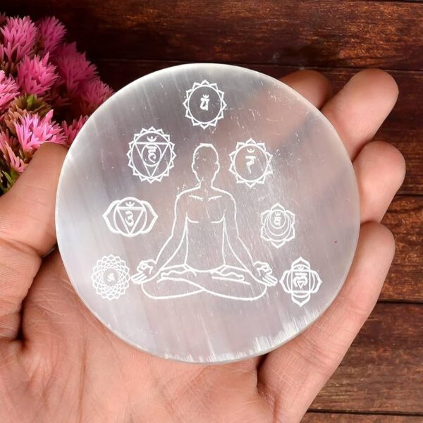 Selenite Charging Disc With Flower of Life Chakra Engraved