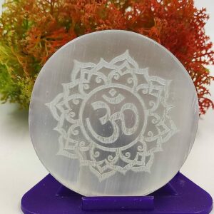 Ohm design Etched Selenite charging Round Disc-Engraved Selenite Disc-Engraved Selenite Charging Plate