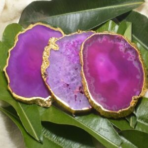 Agate Slices Wholesale Pink Color Gold rimmed Coasters