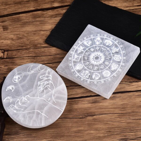 Pentagram & Moons Engraved Selenite Plate