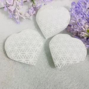 Selenite Engraved Puffy Hearts with Flower of Life Symbol -Engraved Selenite Puffy Hearts