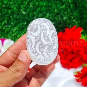 Selenite Moons & Stars Engraved Palm Stone