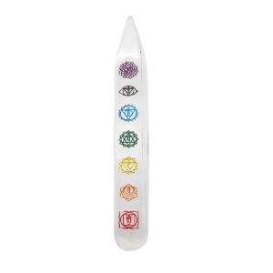 Seven Chakra Symbols Engraved Selenite Point Wand