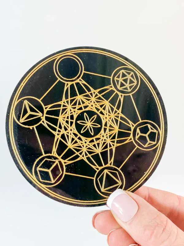 Black Tourmaline Disc with Metatron Chakra Platonic Engraving